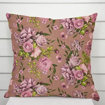 Povlak na dekorativní polštářek Bavlněný povlak na polštář Sandra SA-554 Růže a hortenzie na hnědém 40 x 40 cm