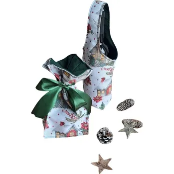 Dárková taška Dárková sada - Taška na lahev a malý textilní pytlík - Vánoce - domečky