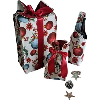 Dárková taška Dárková sada - Taška na lahev, velký a malý textilní pytlík - Vánoce - červené vánoční ozdoby