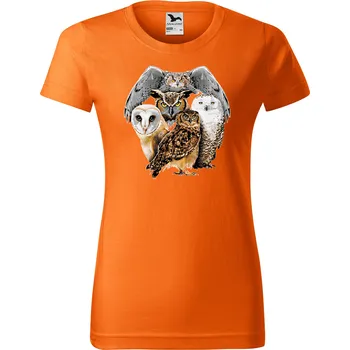 Dámské tričko damske-levne-bavlnene-tricko-digitalni-potisk-sovy-nocni-dravci Velikost dámská trička Basic: XS šířka 39, délka 57, Odstín dámské tričko Basic: Pomerančové