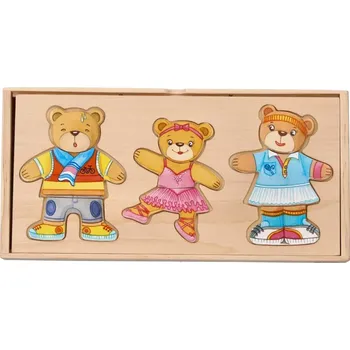 Dřevěná hračka Goki Rodina medvídci oblékací puzzle 12 motivů 36 dílů