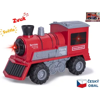 autíčko Lokomotiva červená 22,5cm 1:16 na setrvačník na baterie se světlem a zvukem v krabičce