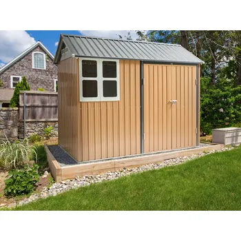 Zahradní domek Zahradní kůlna hnědá ocelová 235 x 175 cm uzamykatelná odolná proti UV záření vodotěsná prostorná Beliani