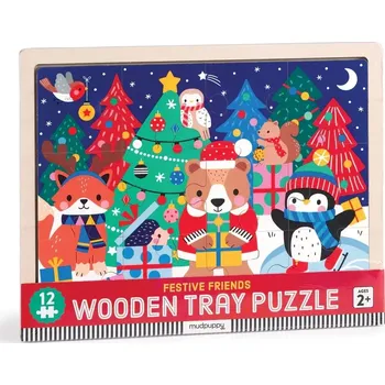 Puzzle Mudpuppy dřevěné puzzle Vánoční kamarádi 12 dílků