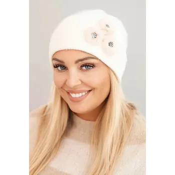 Pokrývka hlavy Dámská čepice s ozdobnými chlupatými květinami elegantní ecru UNI