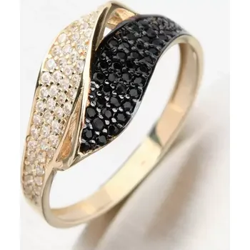 Šperk Dámský prsten žluté zlato 585 zirkon černé a bílé kameny 11R-356 velikost 63