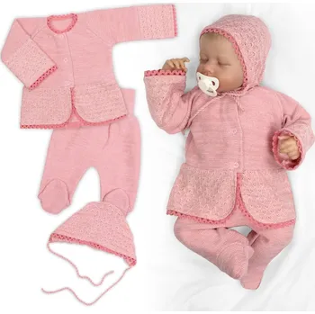 Kojenecké oblečení Baby Nellys Luxusní pletená sada, kabátek, polodupačky a čepice, 3D - pudrově růžová Velikost: 68 (3-6m)