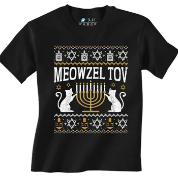 Dívčí tričko Dětské tričko Chanuka s Kočkou Meowzel Tov (Velikost: 9-11, Barva: Černá)