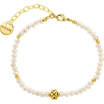 Náramek Pozlacený náramek z mosazi s perlami - čtyřlístek - AR542-3979