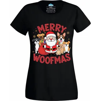 Dámské tričko Dámské tričko Veselé Psí Vánoce Merry Woofmas (Velikost: 4XL, Barva: Černá)