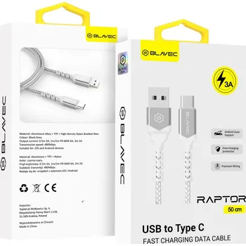 Datový kabel Blavec Raptor Braided - USB na typ C - 3A 0,5m (CRA-UC3WS05) bílo-stříbrný