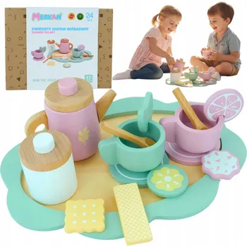 Dřevěná hračka MERKAN Dřevěná Sada na Čaj – Konvice, Šálky + Podnos