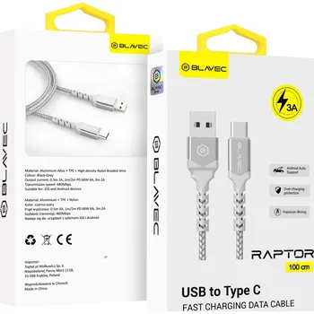 Datový kabel Blavec Raptor Braided USB-A - USB-C 3A 1m Apple CarPlay-Android Auto (CRA-UC3WS10) bílo-stříbrný