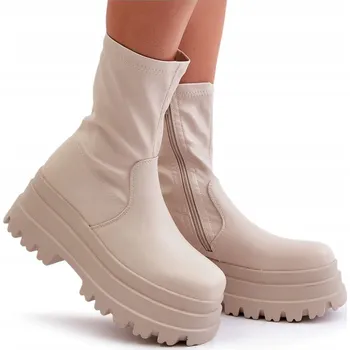 Dámská zimní obuv DÁMSKÉ KOTNÍKOVÉ BOTY Z EKOKŮŽE NA ZIP MASIVNÍ PLATFORMĚ SVĚTLE BÉŽOVÉ 39