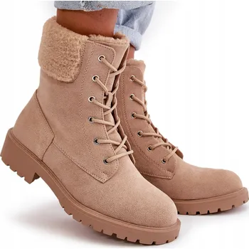 Dámská zimní obuv KOTNÍKOVÉ BOTY WORKERY ZATEPLENÉ ŠNĚROVACÍ NA ZIP KOŽÍŠEK BÉŽOVÉ 40