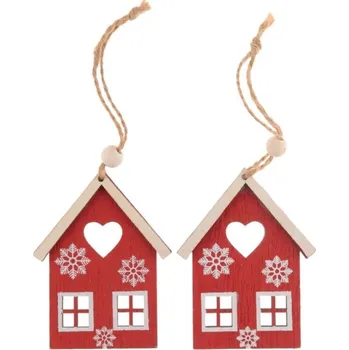 Vánoční dekorace Závěs Domeček 2ks 8,5cm, dřevo, červený