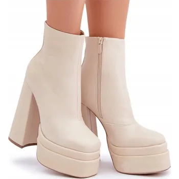 Dámská zimní obuv KOTNÍKOVÉ BOTY Z EKOKŮŽE NA MASIVNÍ PLATFORMĚ A PODPATKU, ZATEPLENÉ, SVĚTLE BÉŽOVÉ, VELIKOST 41