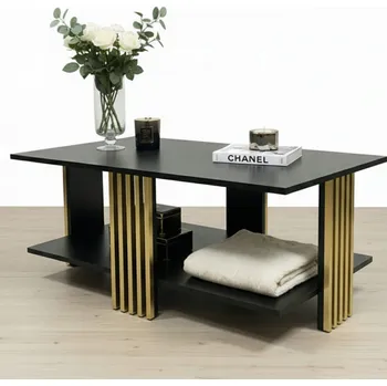 Konferenční stolek ČERNÝ KONFERENČNÍ STOLEK OBÝVACÍ POKOJ LOFTOVÝ DŘEVĚNÝ SE POLICÍ