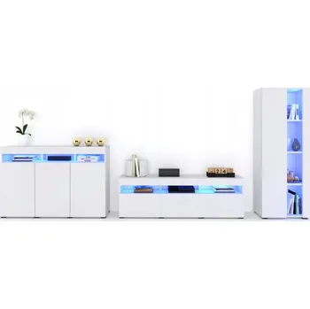 Obývací stěna Sestava nábytku do obývacího pokoje Nábytková Stěna TV stolek Komoda Vitrína Bílý mat 375