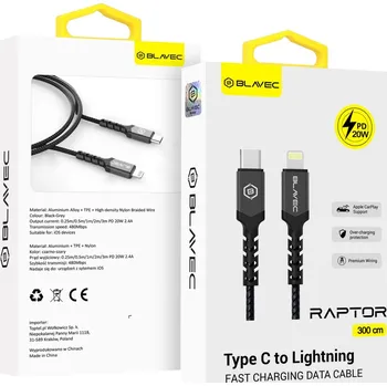 Datový kabel Blavec Raptor Braided - Type C to Lightning - PD 20W 2,4A 3m (CRA-CL24BG30) černo-šedý