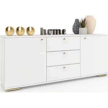 Komoda Velká komoda vitrína do obývacího pokoje HANA GLAM bílá matná zlaté úchyty nohy 150 cm