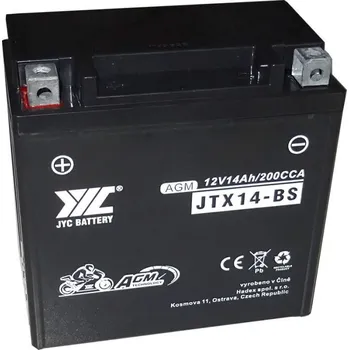 Auto-moto baterie Pb akumulátor JYC JTX14-BS AGM pro motocykly 12V/14Ah levý