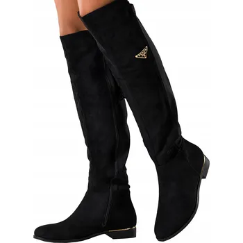 Dámské kozačky KOZAČKY Černé Dámské Pohodlné s Třásněmi Zlatý Detail Nízký Podpatek vel. 36