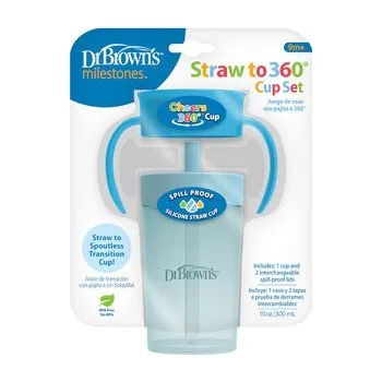 dětská jídelní sada Dr.Browns TC01045 Zestaw „Od kubka ze słomką do kubka 360° picie jak ze szklanki” 300 ml niebieski