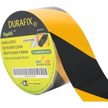 Výstražná páska Traiva s.r.o. Výstražná samolepící páska reflexní - DURAFIX DY10 Verze: levostranné šrafování - 10 cm x 15 m - Kód: 05325