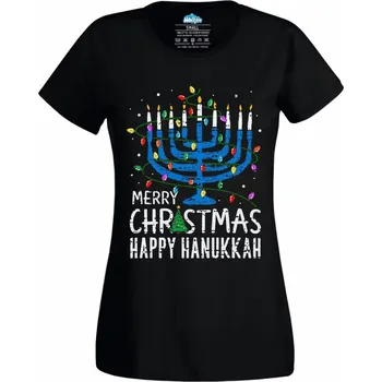 Dámské tričko Dámské tričko Vánoční Menora Happy Hanukkah (Velikost: XL, Barva: Černá)