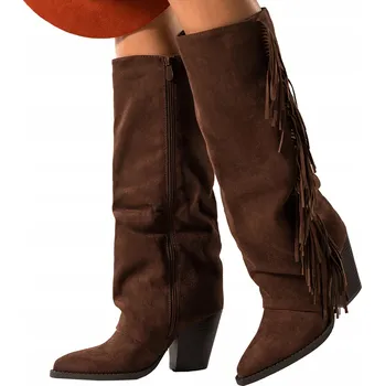 Dámské kozačky Čokoládové KOZAČKY Dámské POHODLNÉ Kovbojské Boty s třásněmi Zkosený podpatek vel. 38