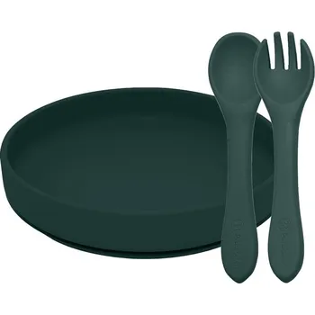 dětská jídelní sada Petite&Mars Set jídelní silikonový TAKE&MATCH 2 ks talíř + příbor Misty Green 6m+