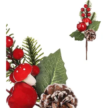 umělá květina Autronic Větev umělá - jehličí, šiška, červené bobule, jablko a houba, sada 12 ks