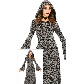 Karnevalový kostým GuircaGotická čarodějnice - černé šaty s kapucí a lebkami Velikost: S 36-38
