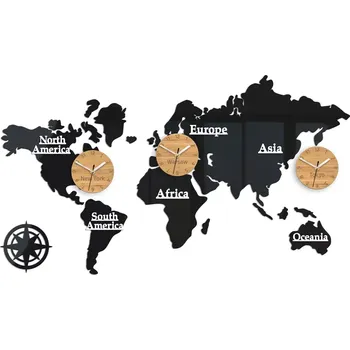 Hodiny Nástěnné samolepící hodiny Time Zones 100x56 cm černé/hnědé