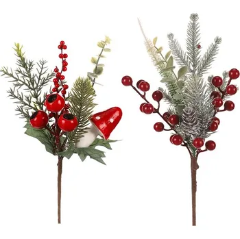 umělá květina Autronic Větvička umělá - jehličí, červené bobule a šišky, mix 2 druhů, cena za 1 ks, sada 12 ks