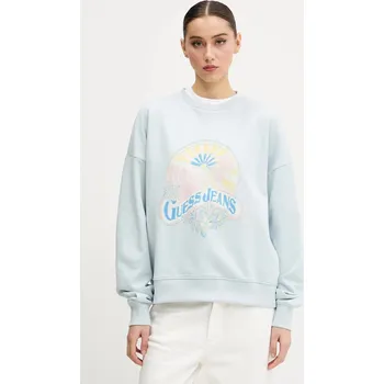 Dámská mikina Bavlněná mikina Guess Jeans dámská, modrá barva, s potiskem, W5GQ16 K68I4 W5GQ16.K68I4 05A, vel. L