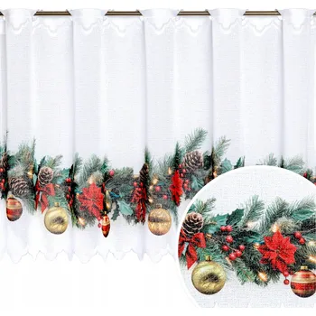 Záclona Vitrážová Záclona Vánoční 100x70 Krátká Hotová Záclona do Kuchyně Girlanda