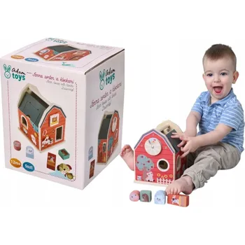 Dřevěná hračka SORTER DOMEK DREWNIANA FARMA DOMEK DŘEVĚNÁ FARMA S DOMKEM A ZVÍŘÁTKY, DŘEVĚNÉ KOSTKY, SKLÁDAČKA