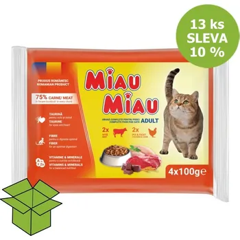 Krmivo pro kočku Miau Miau Cat Mix hovězí a kuřecí, kapsa 100 g 4 pack (13 ks) SLEVA 10 %