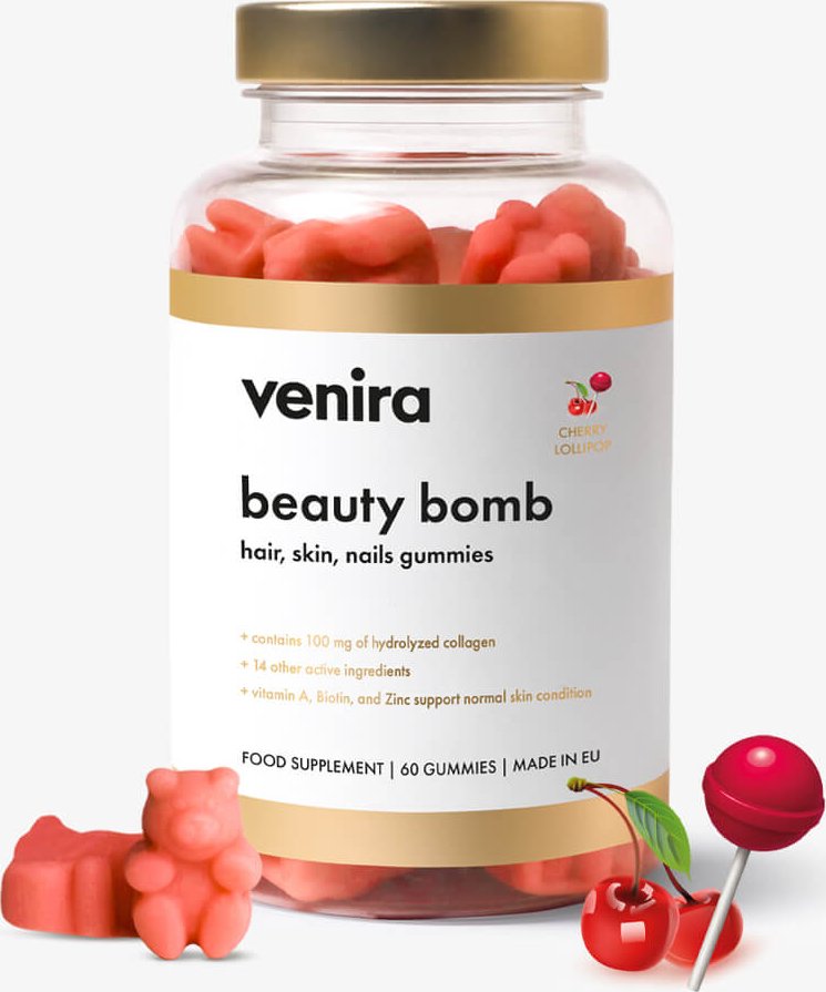VENIRA beauty bomb - noví gumoví medvídci pro vlasy, nehty a pleť - třešňové lízátko, 60 bonbónů