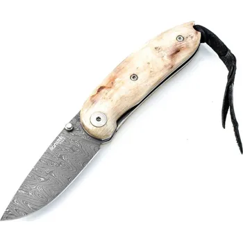 kapesní nůž Lionsteel Mini Damascus Heinsgringla rukojeť z rohoviny berana, dřevěná krabička 8210D MN