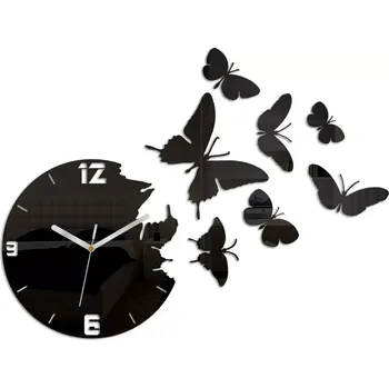 Hodiny Nástěnné samolepící hodiny Motýl 28 cm černé