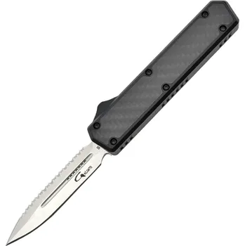 kapesní nůž Golgoth G11BS1 Noir. Automatický nůž OTF s dvojitým ostřím a zoubkováním z oceli D2 rukojeť