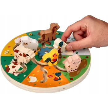 Dřevěná hračka Adamtoys Dřevěná posuvná hra Zvířátka z farmy Labyrint vzdělávací 2+