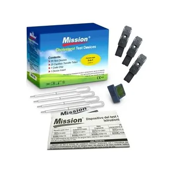 Diagnostický test Testovací proužky pro Měřič Cholesterolu Mission, 25 ks + kapilární pipety (Cholesterol, HDL, LDL, triglyceridy.)