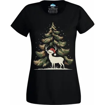 Dámské tričko Vánoční Jelen v Lese (Velikost: 4XL, Barva: Černá)