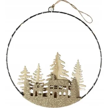 Vánoční dekorace VÁNOČNÍ LED DEKORACE KULATÁ DŘEVĚNÁ ZÁVĚSNÁ DOMEČKY PRŮMĚR 20 CM