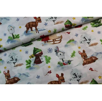 Srnka, sněhulák a sáně - bavlněné plátno, šíře 160cm