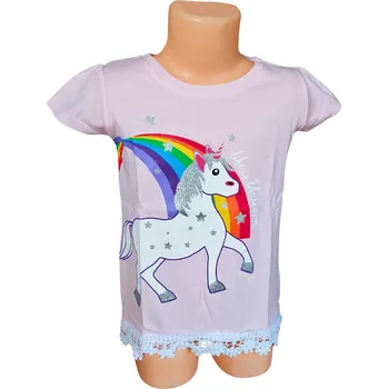 Dívčí tričko Cottonland Dívčí tričko UNICORN - JEDNOROŽEC s duhou krátký rukáv růžové Barva: Růžová, Velikost: 104/110